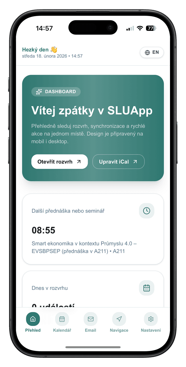 SLUApp hlavní obrazovka